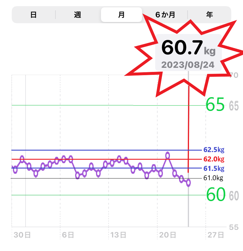 8月24日までの体重増減グラフ（MBI＝22）の画像