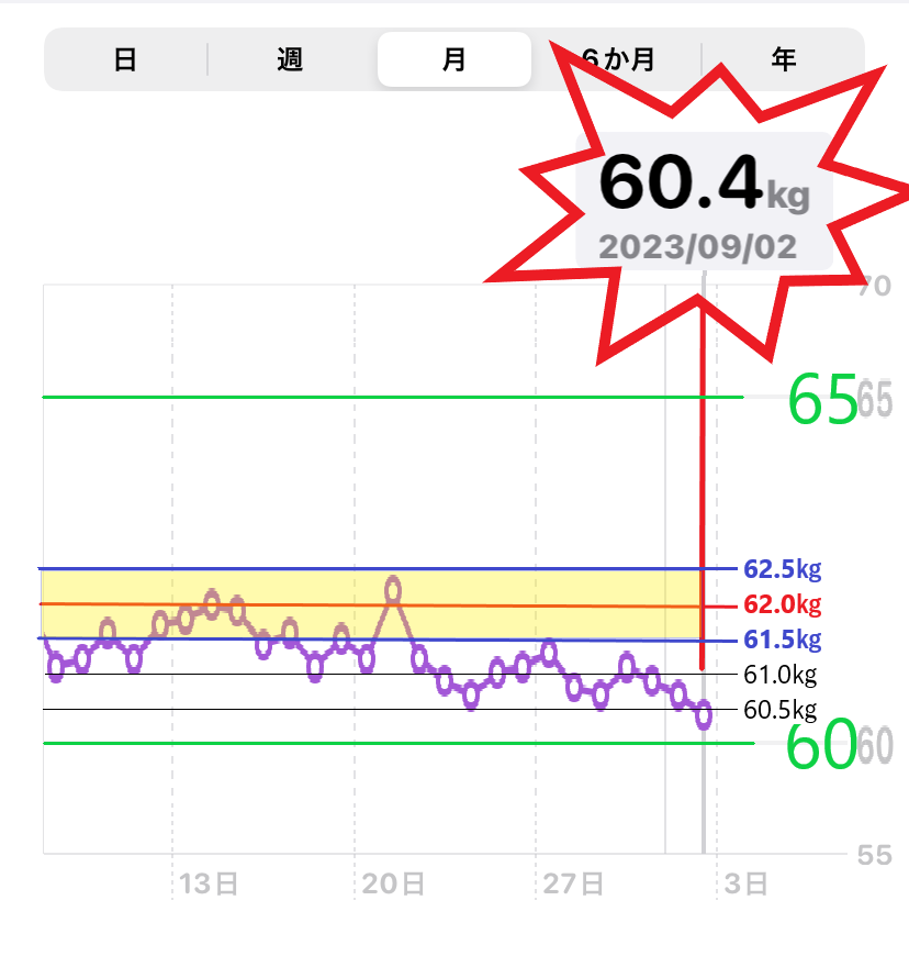 9月2日までの体重増減グラフ（MBI＝22）の画像