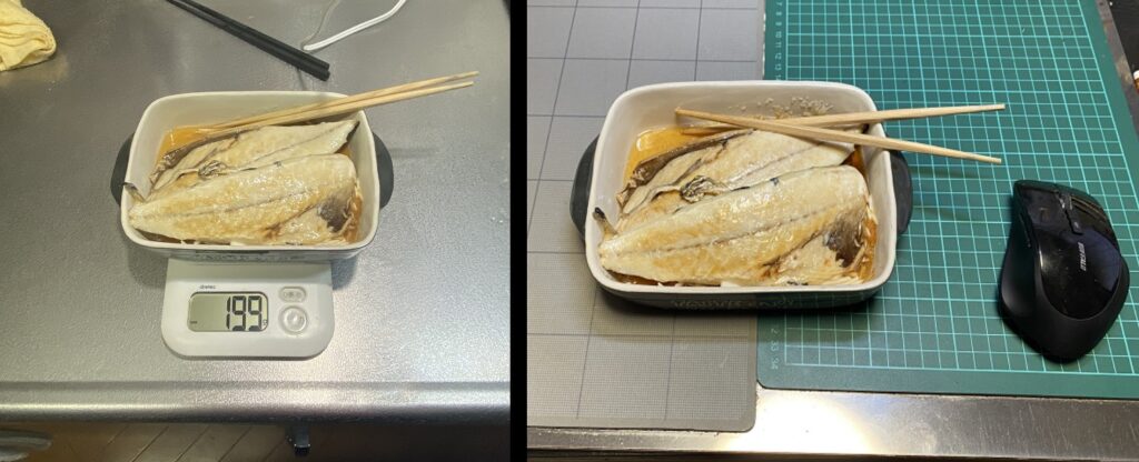焼いた塩サバの重さを計り、食べる直前の画像