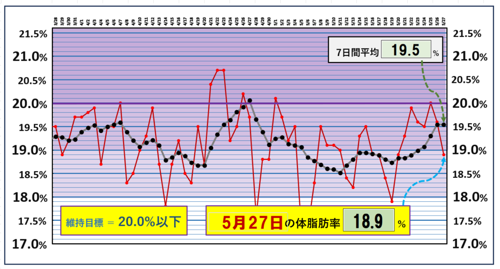 体脂肪率20％以下を目標にしたグラフ