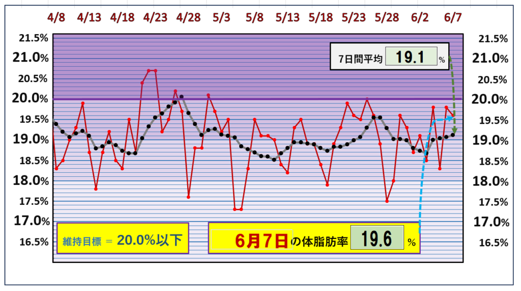 体脂肪率20％以下を目標にしたグラフ