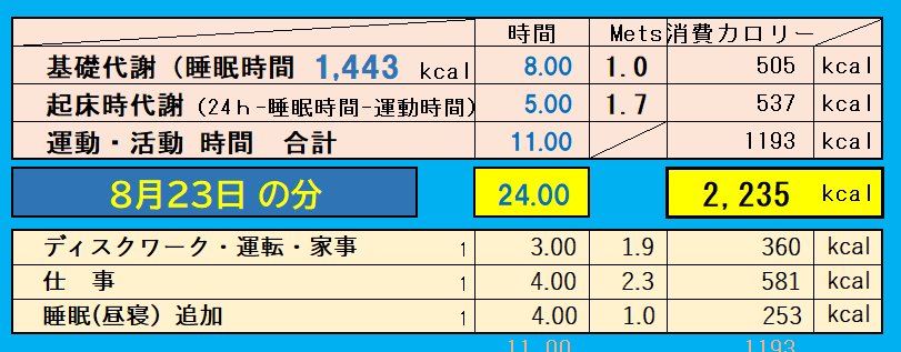 8月23日の消費カロリーの合計値の画像