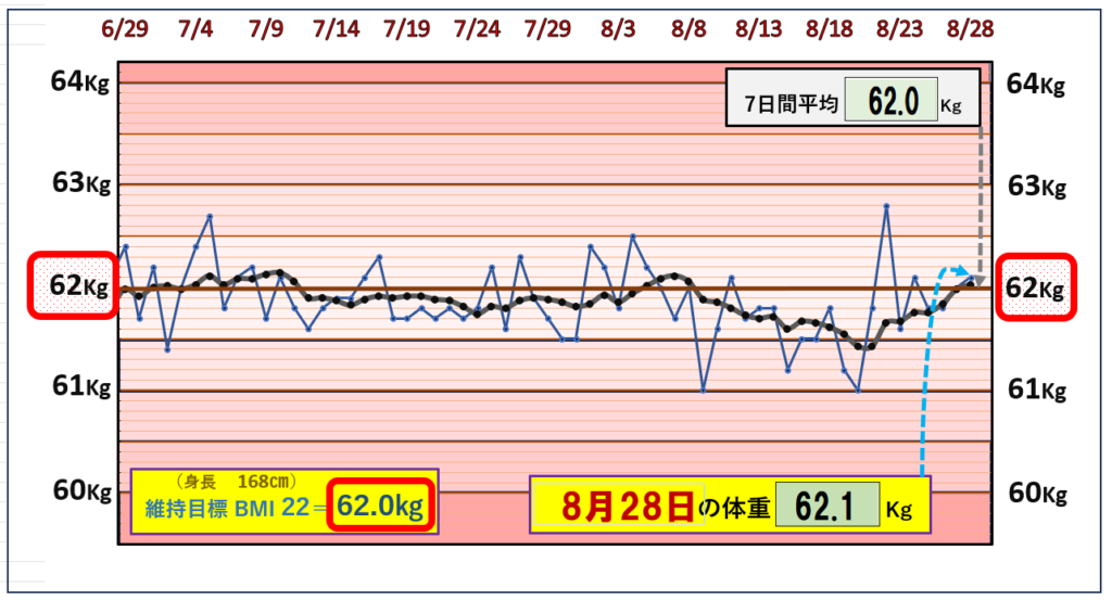 8月28日の（BMI＝22）の維持を目標にしたグラフ