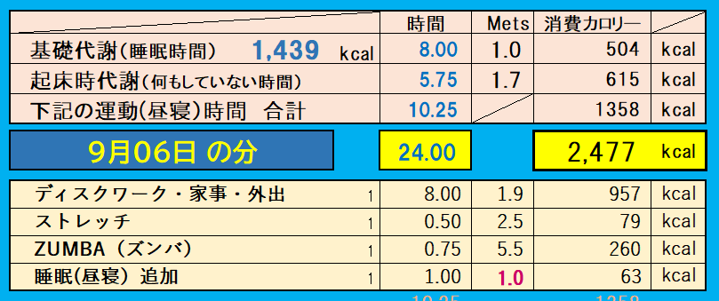 9月6日の消費カロリーの合計値の画像