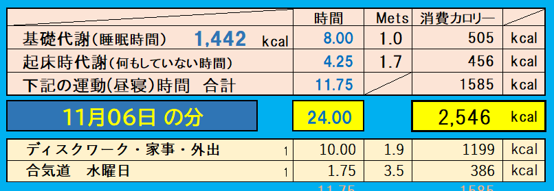 消費カロリーの合計値の画像『11月6日』