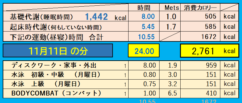 消費カロリーの合計値の画像『11月11日』