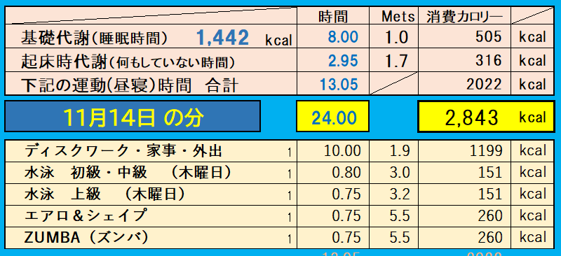 消費カロリーの合計値の画像『11月14日』