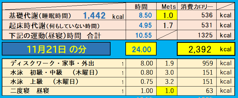 消費カロリーの合計値の画像『11月21日』