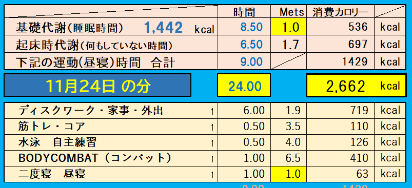 消費カロリーの合計値の画像『11月24日』