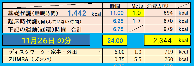 消費カロリーの合計値の画像『11月26日』