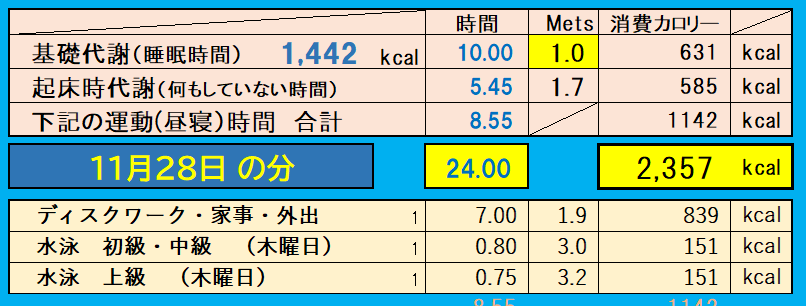 消費カロリーの合計値の画像『11月28日』