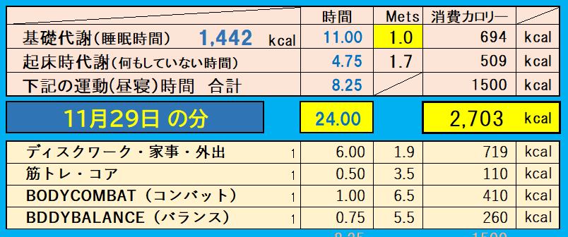 消費カロリーの合計値の画像『11月29日』