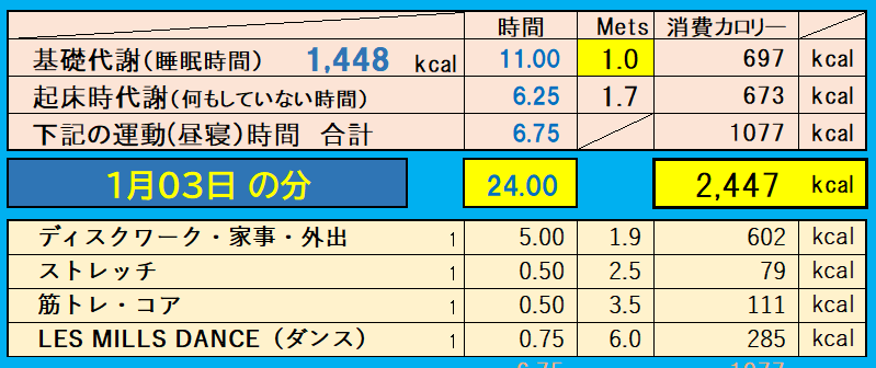 消費カロリーの合計値の画像『1月3日』