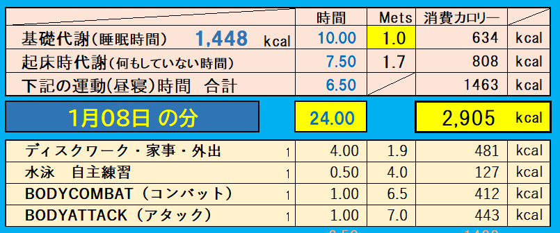 消費カロリーの合計値の画像『1月8日』