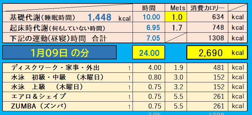 消費カロリーの合計値の画像『1月9日』