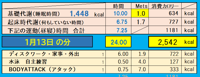 消費カロリーの合計値の画像『1月13日』