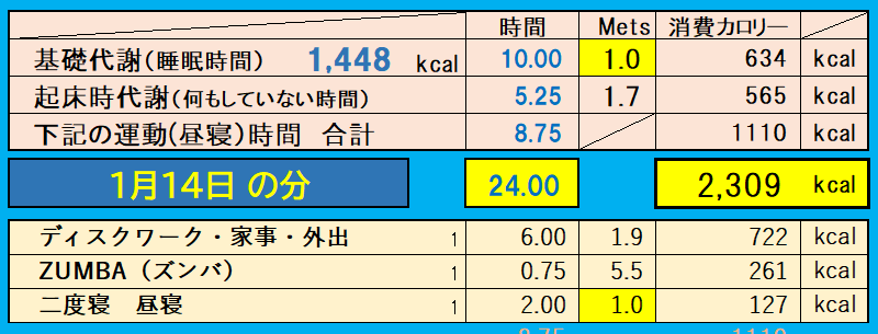 消費カロリーの合計値の画像『1月14日』