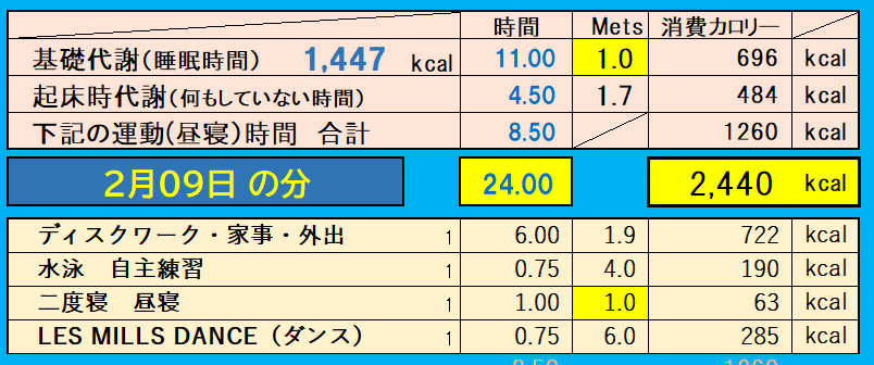 消費カロリーの合計値の画像『2月9日』