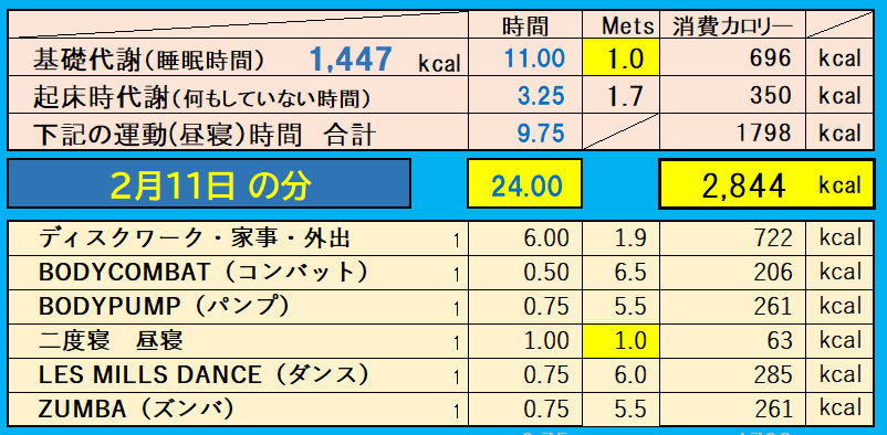 消費カロリーの合計値の画像『2月11日』