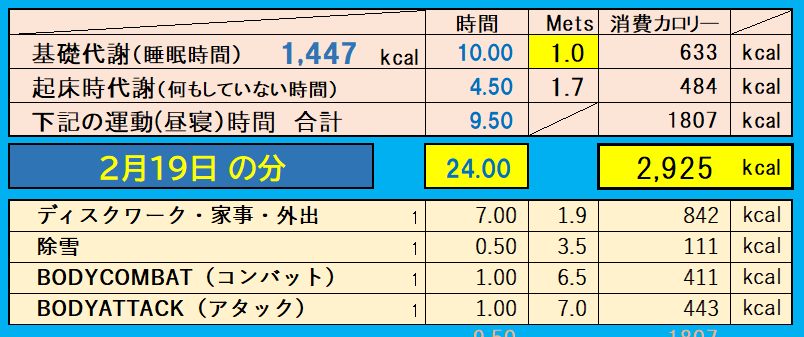 消費カロリーの合計値の画像『2月19日』