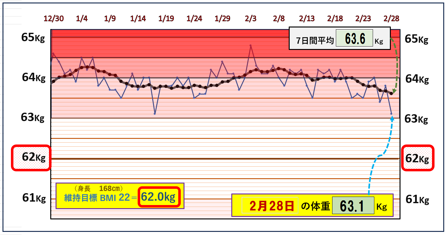 BMI＝22の維持を目標にしたグラフ『2月28日』