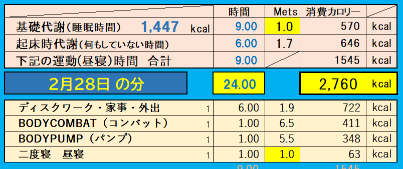 消費カロリーの合計値の画像『2月28日』