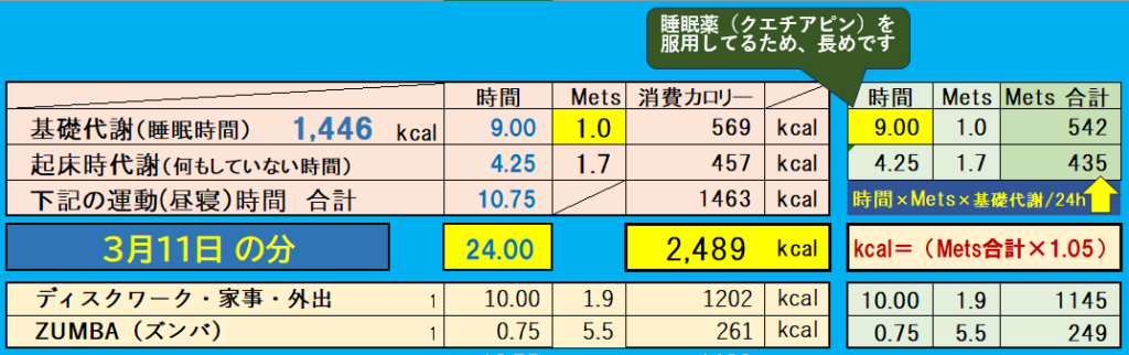 消費カロリーの合計値の画像『3月11日』分