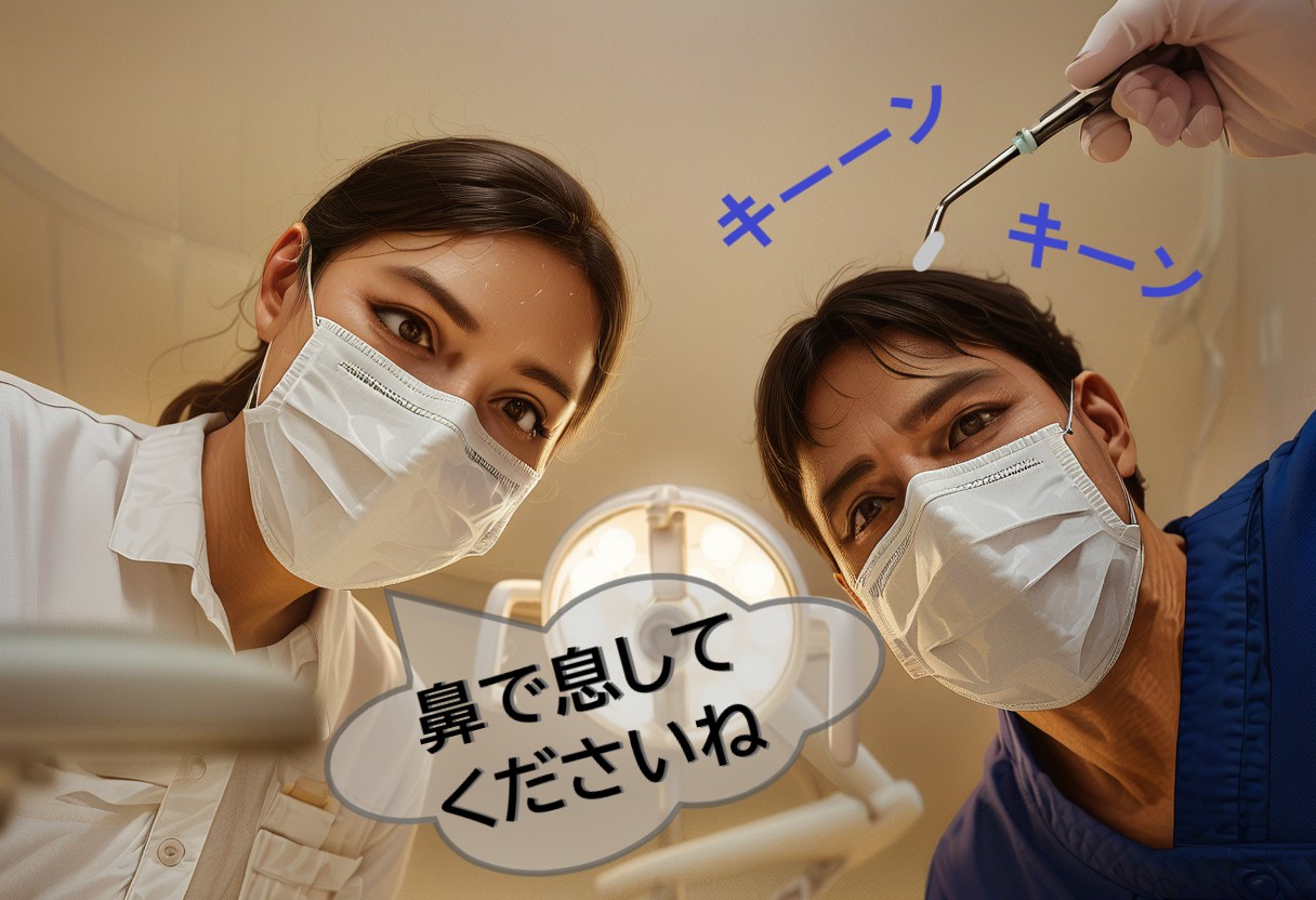 歯医者で治療を受ける患者の視点。マスク姿の歯科医師と歯科衛生士が覗き込み『鼻で息してくださいね』と声をかけるAIイラスト