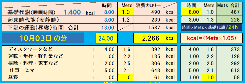 「1日の消費カロリー内訳表｜基礎代謝に加えて、デスクワーク・運転・家事・仕事・昼寝などの活動別にMetsを算出し、合計消費カロリーを記録したデータ」