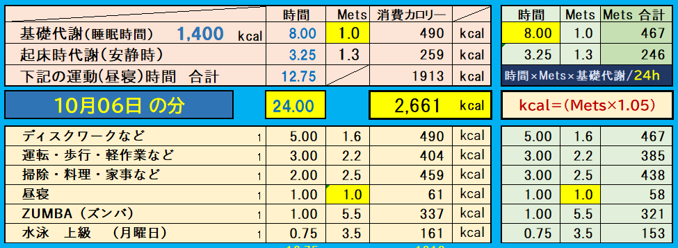 「1日の消費カロリー内訳表｜基礎代謝に加えて、デスクワーク・運転・家事・仕事・昼寝などの活動別にMetsを算出し、合計消費カロリーを記録したデータ」