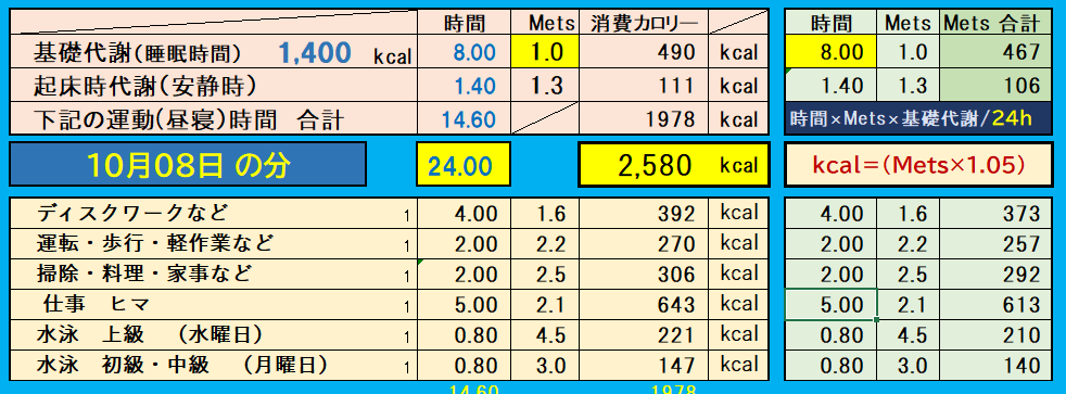 「1日の消費カロリー内訳表|基礎代謝に加えて、デスクワーク・運転・家事・仕事・昼寝などの活動別にMetsを算出し、合計消費カロリーを記録したデータ」