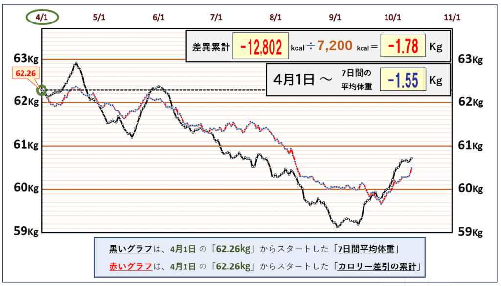 「摂取カロリーと消費カロリーの累積比較グラフ|1日の平均カロリー収支を記録し、摂取と消費の差を可視化したデータ」