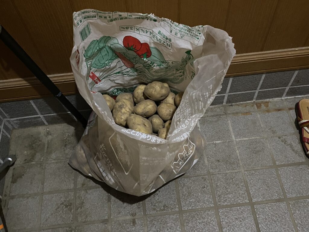 父親が玄関先に届けてくれたジャガイモ。
紙袋にたっぷり詰まっており、そのまま玄関で保存中。家庭菜園の恵みを感じる素朴な一枚。
