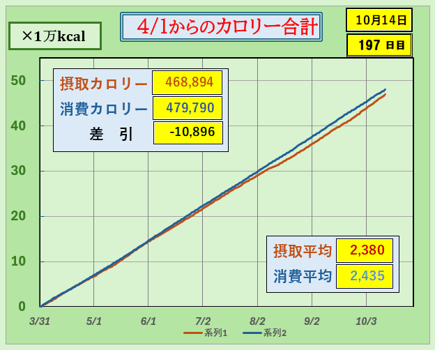 2025年度4月1日からの摂取カロリーと消費カロリーの累積推移を比較した折れ線グラフ