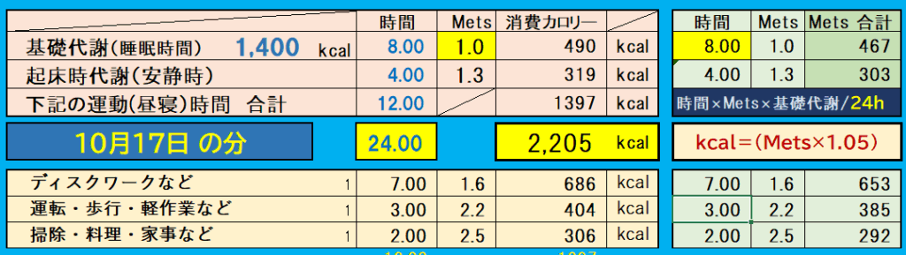 「2025年10月17日の活動別カロリー表。総消費2,205kcal。基礎代謝1,400kcal(睡眠8h)、起床時代謝319kcal、ディスクワーク686kcal、運転・歩行404kcal、家事306kcal。合計24時間でバランス良い1日。」