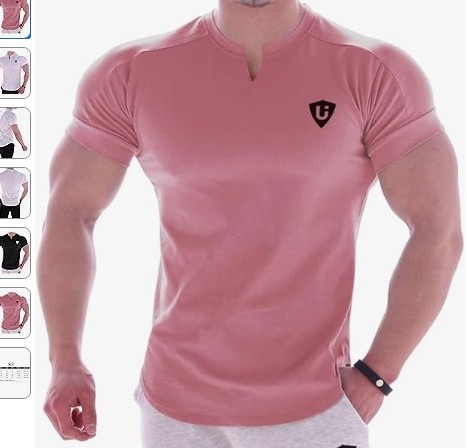 「[LVFU] メンズ ジムTシャツ 半袖 Vネック トレーニングウェア。伸縮性のあるストレッチ素材で筋トレやフィットネスに最適。スポーツジムやランニング、日常のワークアウトに活躍するおしゃれなピンクカラーのアーク裾デザインTシャツ。」