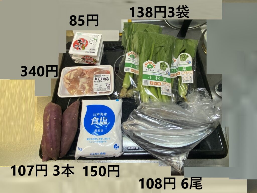 「納豆85円、鶏もも肉340円、小松菜138円×3袋、さつまいも107円×3本、食塩1kg150円、さんま6尾108円を並べた買い物食材一式。節約食材を中心に揃えた家計簿ブログ用の購入記録写真。」