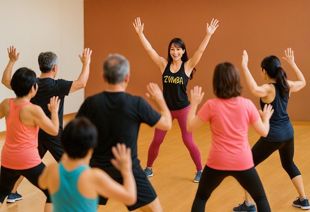 アイキャッチ用に作成したZUMBAレッスンのイメージ画像。明るいスタジオで女性インストラクターが笑顔で指導し、参加者が音楽に合わせて軽快に体を動かす姿を描写。健康づくりやストレス解消、週4回のZUMBAをテーマにした活気あふれるフィットネスシーン。
