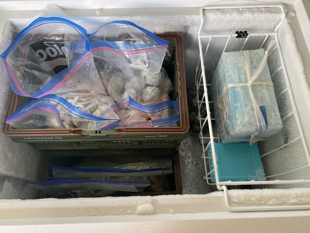 「家庭用冷凍庫の中にZak-Storageの折りたたみコンテナを設置。ジッパーバッグに入った食材を整理して収納し、右側には保冷剤とワイヤーバスケットを配置。