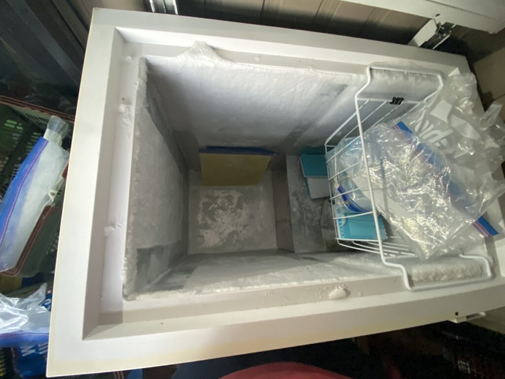 仕切りのない冷凍庫の内部を上から撮影。庫内の壁面や底に霜が厚く付着し、右側にはワイヤーバスケットとジッパーバッグが置かれている。全体が空になり、霜取りや整理前の状態を示している。