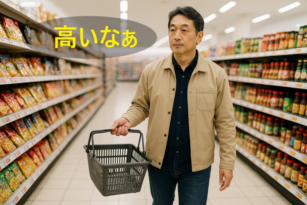 スーパーで買い物かごを手にした男性が、商品の値段を見て「高いなあ」と感じている。物価高や生活費の上昇を実感する日常のワンシーン。