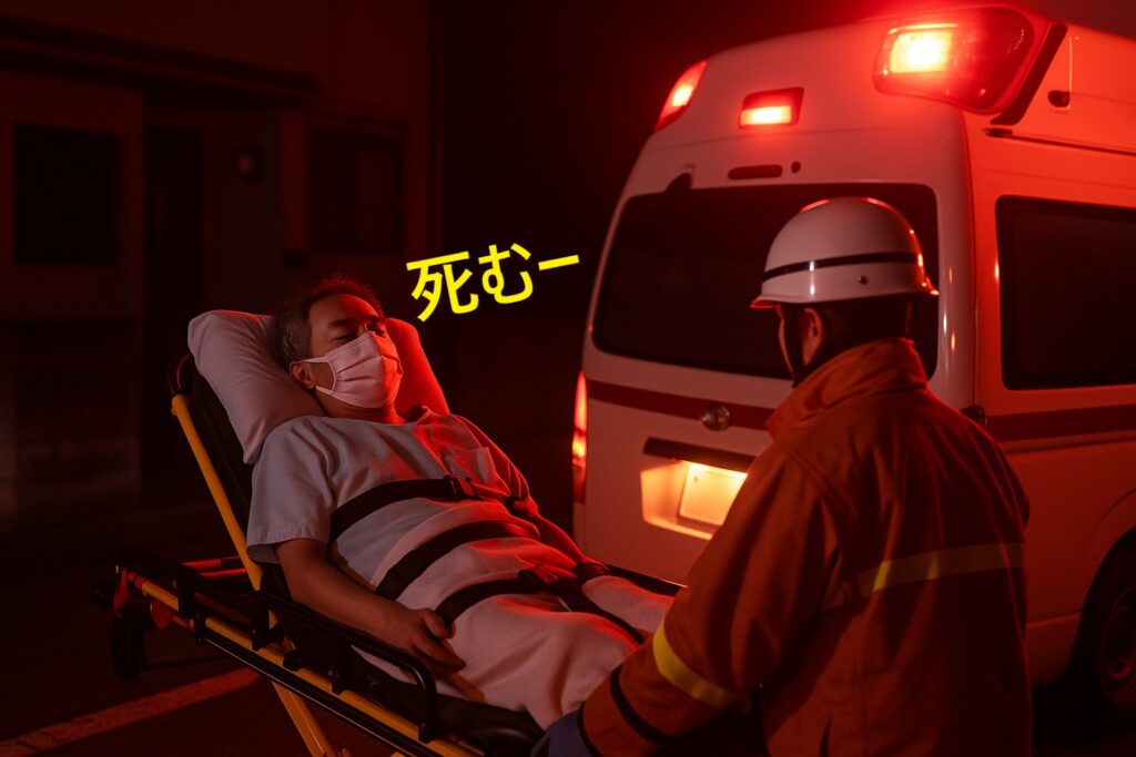 救急車で病院に搬送される夜の場面。赤いパトライトが照らす中、ストレッチャーで運ばれる人と見守る消防隊員の姿を捉えた一瞬。