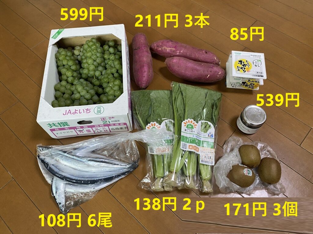 「9月25日の買い物|ナイアガラぶどう、さつまいも、納豆、海苔佃煮、さんま、小松菜、キウイを購入した食品記録」